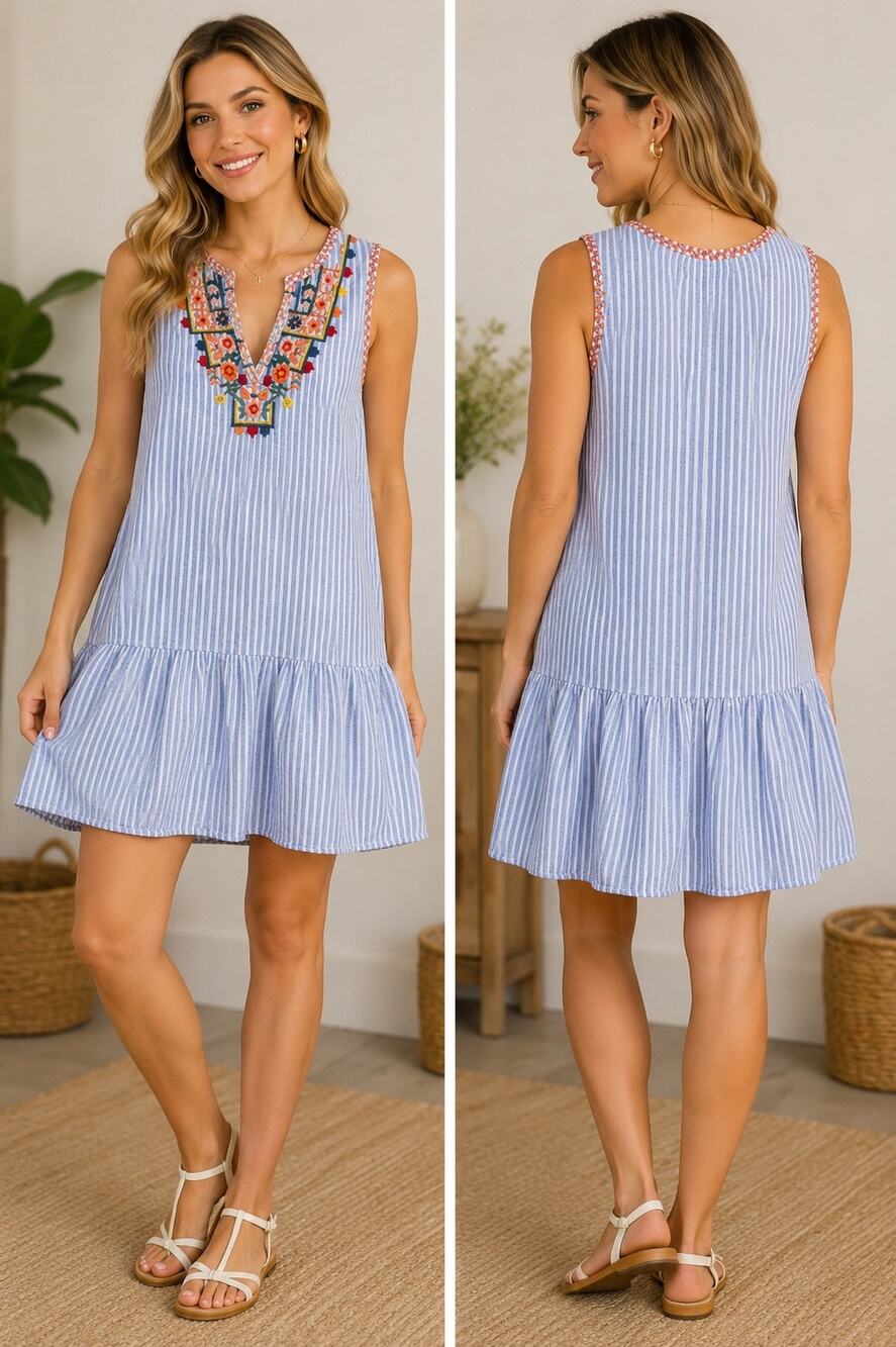 beachlunchlounge Blue & White Striped Embroidered Mini Dress